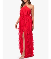 Xscape Chiffon Halter Neck Sleeveless Twist Ruffle Gown