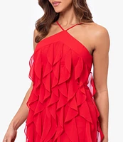 Xscape Chiffon Halter Neck Sleeveless Twist Ruffle Gown