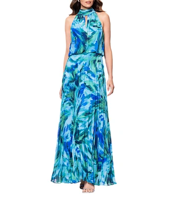 Xscape Chiffon Multi Print Halter Neck Sleeveless Keyhole Pleated Blouson Gown