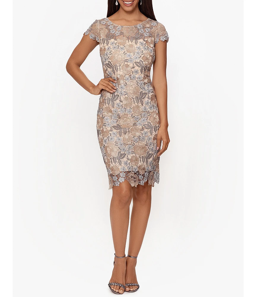 Xscape Short Sleeve Boat Neck Floral Lace Sheath Dress