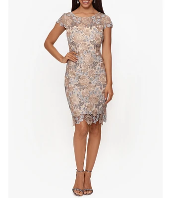 Xscape Short Sleeve Boat Neck Floral Lace Sheath Dress