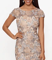 Xscape Short Sleeve Boat Neck Floral Lace Sheath Dress