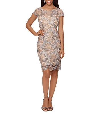 Xscape Short Sleeve Boat Neck Floral Lace Sheath Dress