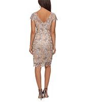 Xscape Short Sleeve Boat Neck Floral Lace Sheath Dress