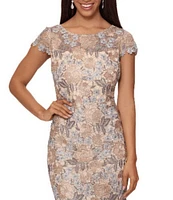 Xscape Short Sleeve Boat Neck Floral Lace Sheath Dress