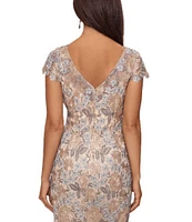 Xscape Short Sleeve Boat Neck Floral Lace Sheath Dress