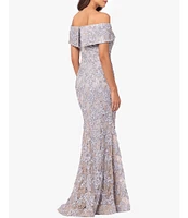 Xscape Embroidered Off-the-Shoulder Short Sleeve Lace A-line Gown