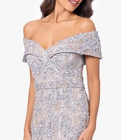 Xscape Embroidered Off-the-Shoulder Short Sleeve Lace A-line Gown