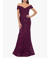 Xscape Embroidered Off-the-Shoulder Short Sleeve Lace A-line Gown