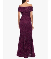 Xscape Embroidered Off-the-Shoulder Short Sleeve Lace A-line Gown