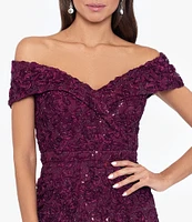 Xscape Embroidered Off-the-Shoulder Short Sleeve Lace A-line Gown