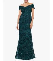 Xscape Embroidered Off-the-Shoulder Short Sleeve Lace A-line Gown