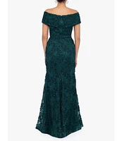 Xscape Embroidered Off-the-Shoulder Short Sleeve Lace A-line Gown