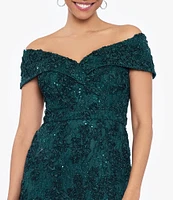 Xscape Embroidered Off-the-Shoulder Short Sleeve Lace A-line Gown