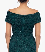 Xscape Embroidered Off-the-Shoulder Short Sleeve Lace A-line Gown