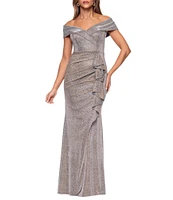 Xscape Foiled Knit Sweetheart Neck Cap Sleeve Cascade Ruffle Sheath Dress