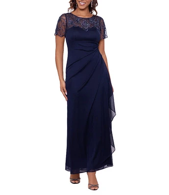 Xscape Illusion Boat Neck Short Sleeve Gown