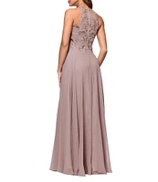 Xscape Illusion Halter Beaded Mesh Bodice Chiffon A-Line Gown