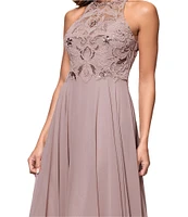 Xscape Illusion Halter Beaded Mesh Bodice Chiffon A-Line Gown