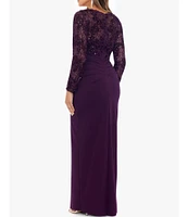 Xscape Illusion Sleeve Lace Bodice Ruffle Front Gown