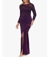 Xscape Illusion Sleeve Lace Bodice Ruffle Front Gown