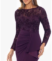 Xscape Illusion Sleeve Lace Bodice Ruffle Front Gown