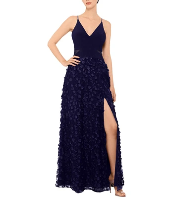 Xscape ITY Jersey 3D Flower V-Neck Sleeveless Side Slit A-Line Gown