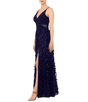 Xscape ITY Jersey 3D Flower V-Neck Sleeveless Side Slit A-Line Gown