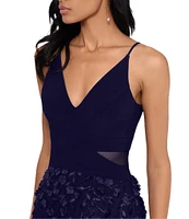 Xscape ITY Jersey 3D Flower V-Neck Sleeveless Side Slit A-Line Gown