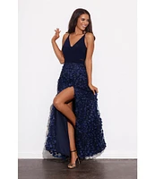 Xscape ITY Jersey 3D Flower V-Neck Sleeveless Side Slit A-Line Gown