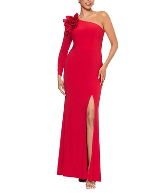 Xscape ITY Jersey One Shoulder Long Sleeve Ruffle Sheath Dress