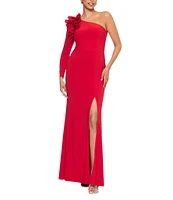 Xscape ITY Jersey One Shoulder Long Sleeve Ruffle Sheath Dress