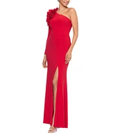 Xscape ITY Jersey One Shoulder Long Sleeve Ruffle Sheath Dress