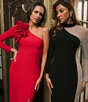 Xscape ITY Jersey One Shoulder Long Sleeve Ruffle Sheath Dress