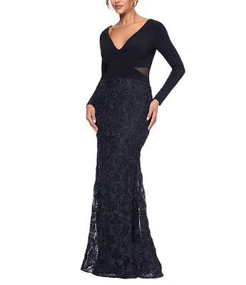 Xscape ITY V-Neck Long Sleeve Soutache Skirt Cut-Out Sheath Dress