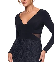 Xscape ITY V-Neck Long Sleeve Soutache Skirt Cut-Out Sheath Dress