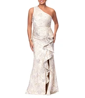 Xscape Jacquard Floral Print One-Shoulder Neck Sleeveless Ruffle Mermaid Gown