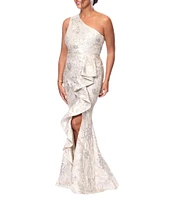 Xscape Jacquard Floral Print One-Shoulder Neck Sleeveless Ruffle Mermaid Gown