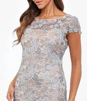 Xscape Lace Boat Neck Short Sleeve Back Slit Gown