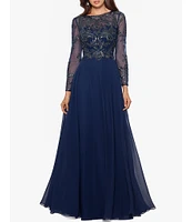 Xscape Illusion Crew Neck Long Sleeve Floral Beaded Bodice Chiffon Gown