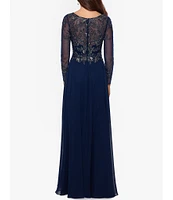 Xscape Illusion Crew Neck Long Sleeve Floral Beaded Bodice Chiffon Gown