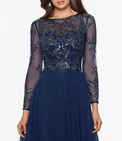 Xscape Illusion Crew Neck Long Sleeve Floral Beaded Bodice Chiffon Gown