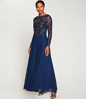 Xscape Illusion Crew Neck Long Sleeve Floral Beaded Bodice Chiffon Gown