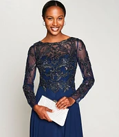 Xscape Illusion Crew Neck Long Sleeve Floral Beaded Bodice Chiffon Gown