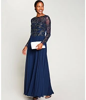 Xscape Illusion Crew Neck Long Sleeve Floral Beaded Bodice Chiffon Gown