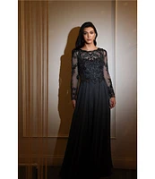 Xscape Illusion Crew Neck Long Sleeve Floral Beaded Bodice Chiffon Gown