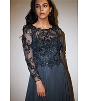 Xscape Illusion Crew Neck Long Sleeve Floral Beaded Bodice Chiffon Gown