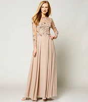 Xscape Illusion Crew Neck Long Sleeve Floral Beaded Bodice Chiffon Gown