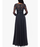 Xscape Illusion Crew Neck Long Sleeve Floral Beaded Bodice Chiffon Gown