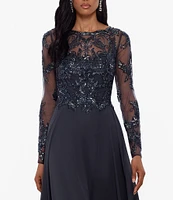 Xscape Illusion Crew Neck Long Sleeve Floral Beaded Bodice Chiffon Gown